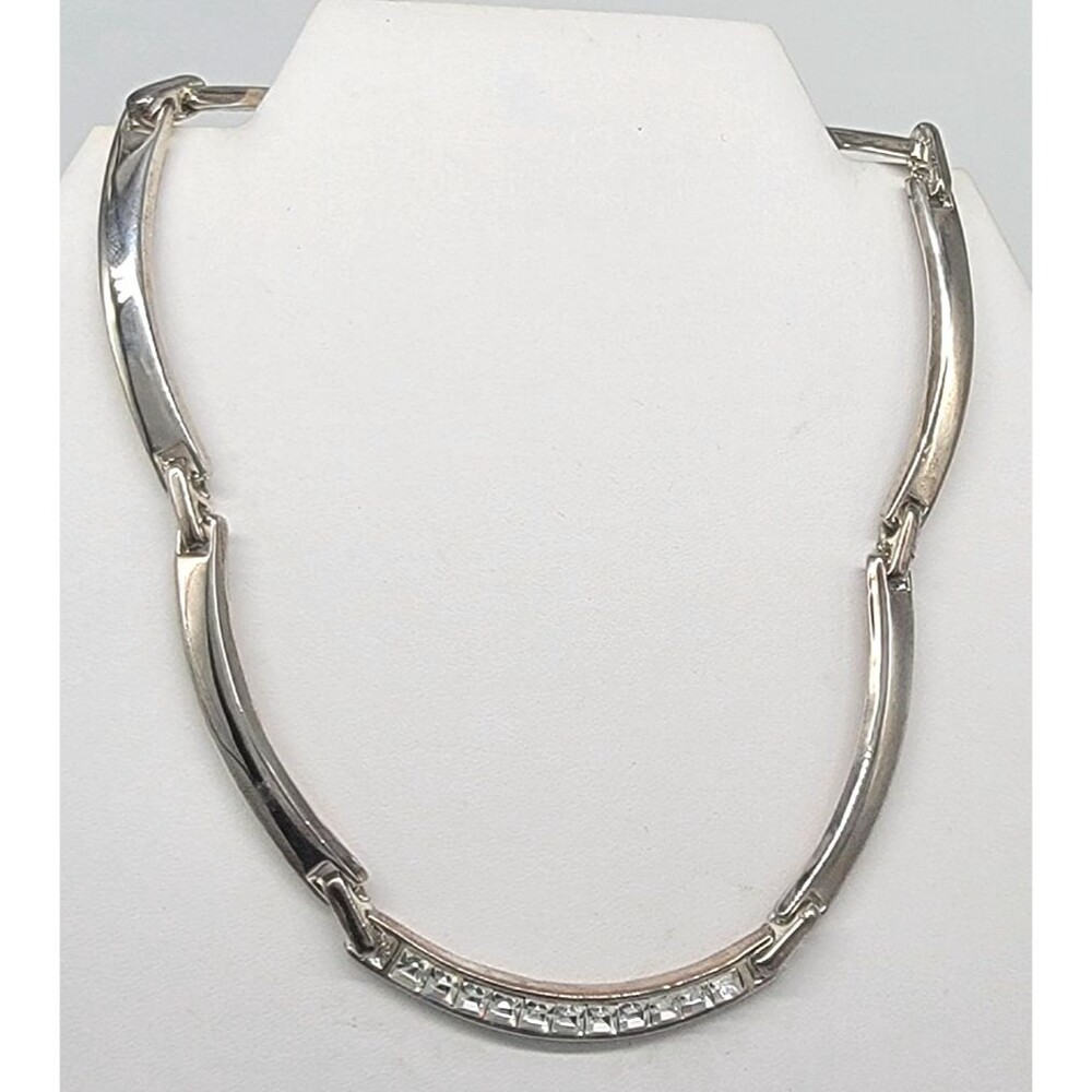 Square Rhinestone Choker Necklace Silver Tone Clear Crystal Statement Vintage